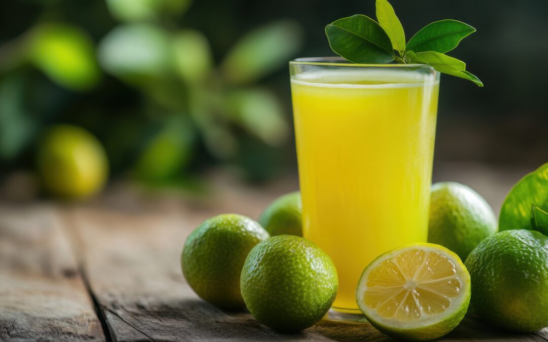 A refreshing glass of calamansi juice sits on a rustic wooden table, surrounded by whole and halved calamansi fruits, showcasing the vibrant potential of NFC Calamansi Puree.