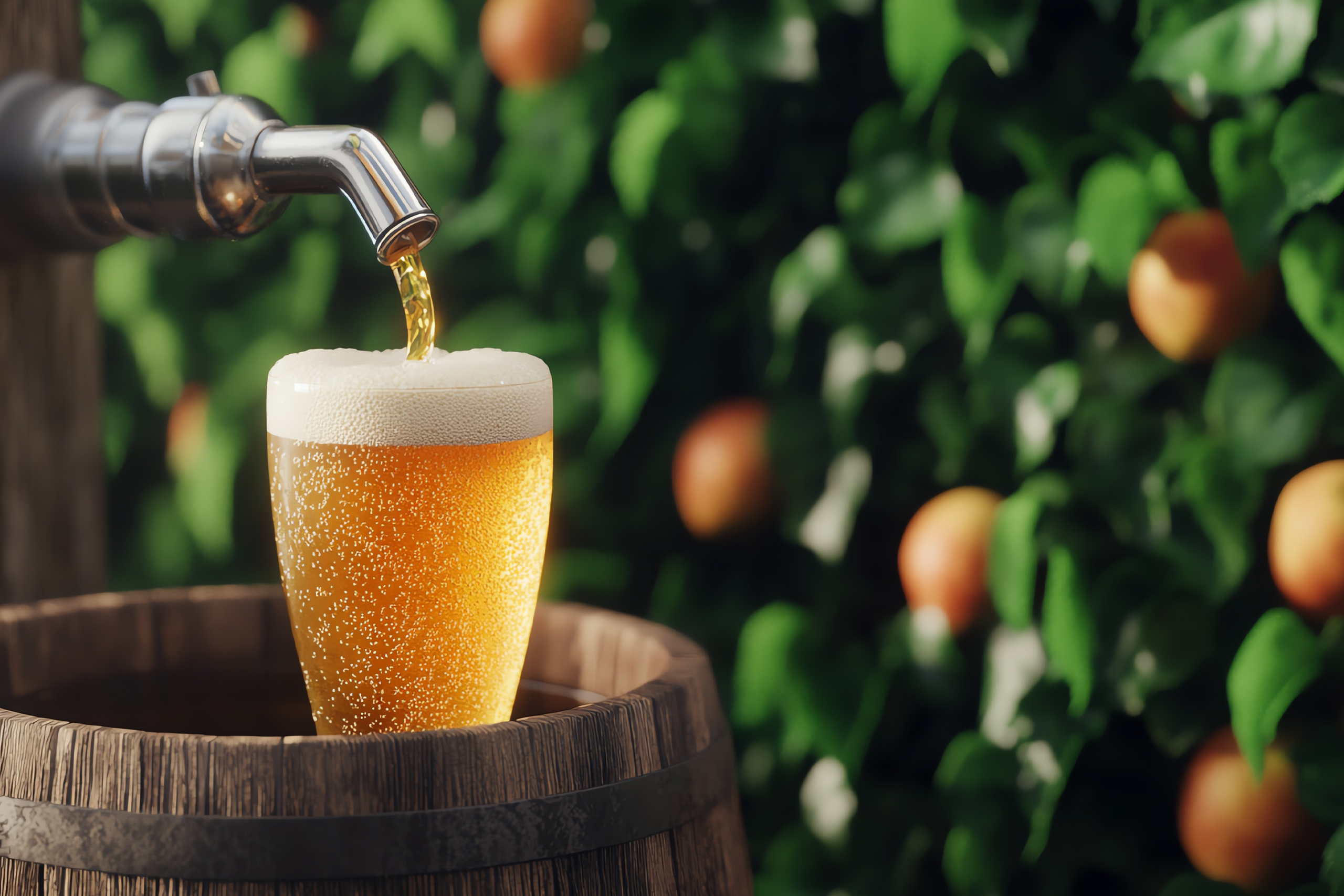 Beer being poured into a glass from a tap. The glass is resting on a keg. The background is a shrub with oranges on the plant. 