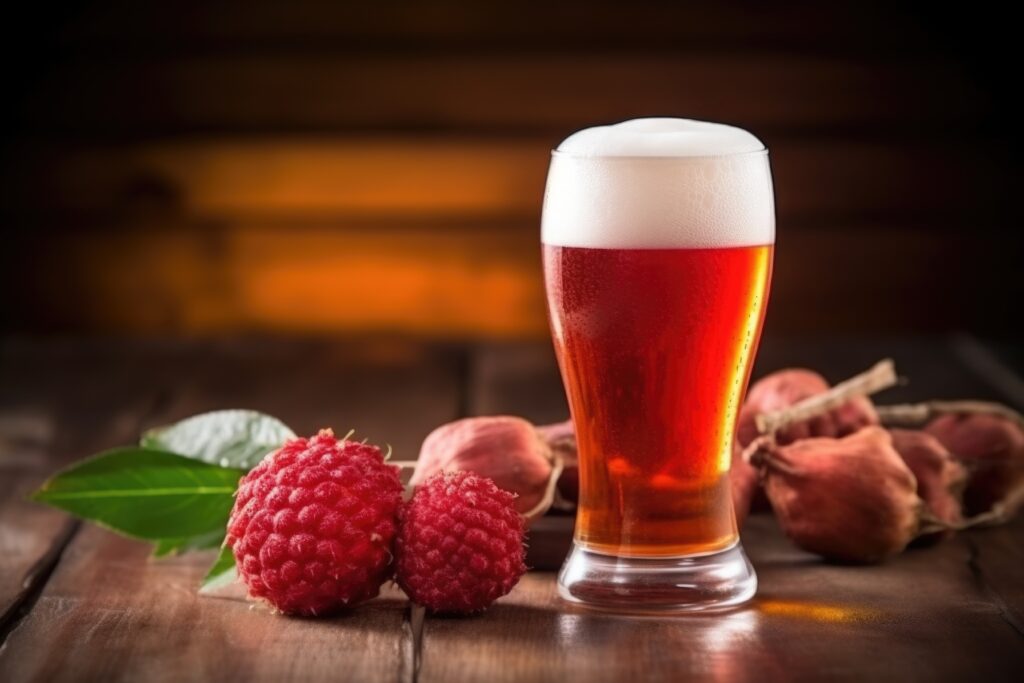 A glass of craft beer infused with lychee, accompanied by fresh and dried lychees on a rustic wooden table, highlighting the use of Lychee Puree in brewing.